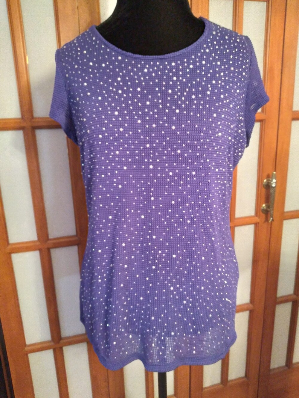 Women's Vintage Y2K Purple Mesh Studded Short Sleeve Top Blouse By Nygard Sz M